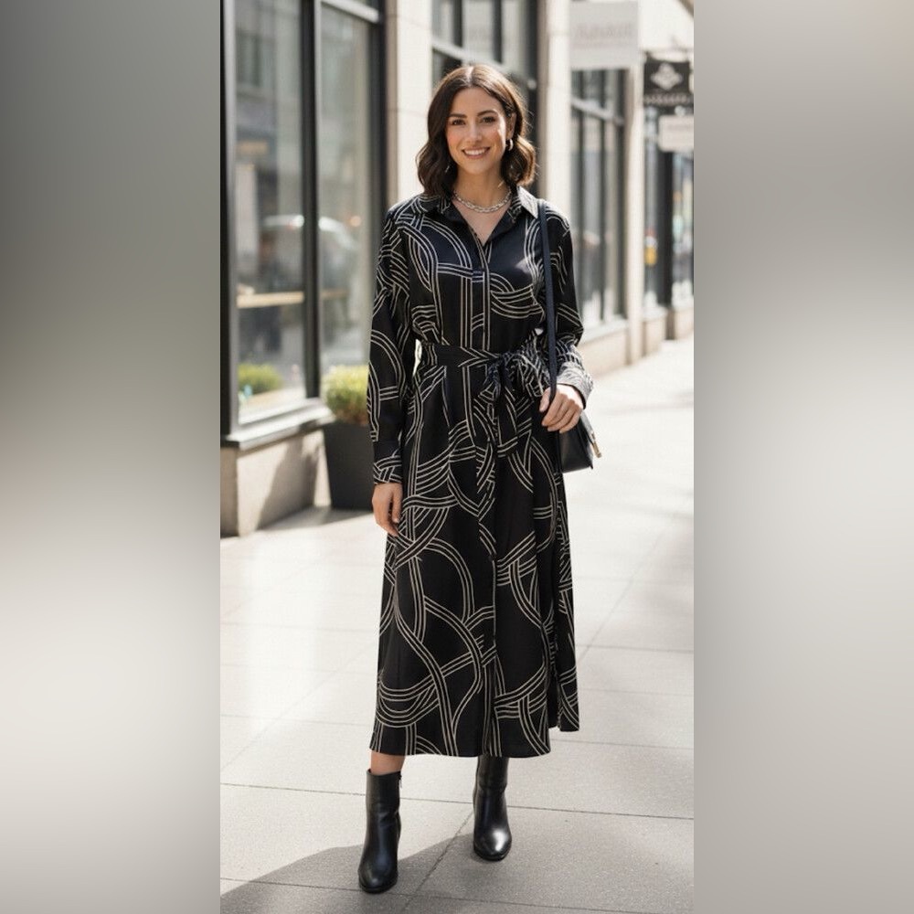 H&M Black and White Geometric Long Sleeve Dress